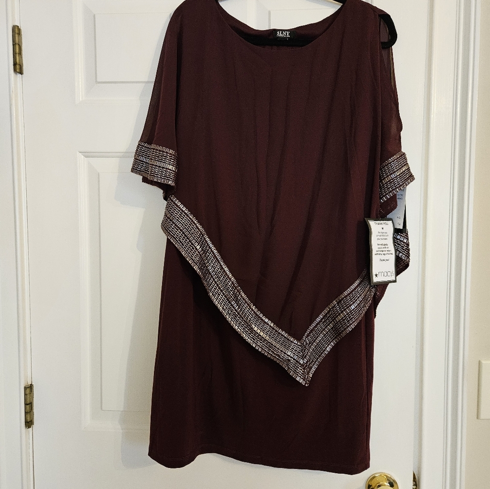 SLNY Cape Neck Metallic Trim Mini Sheath Dress - Burgandy Silver - size 14